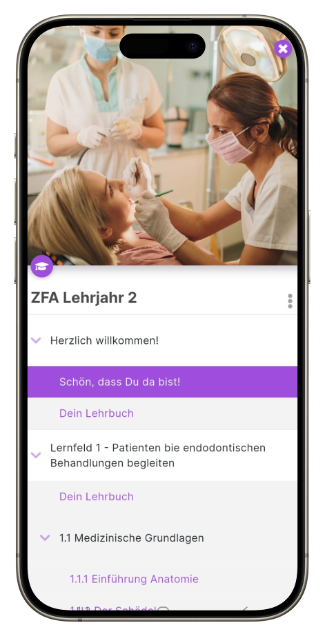 Dentability App auf einem Smartphone: Kursübersicht ZFA Lehrjahr 2 mit Lernfeldern und Lektionen